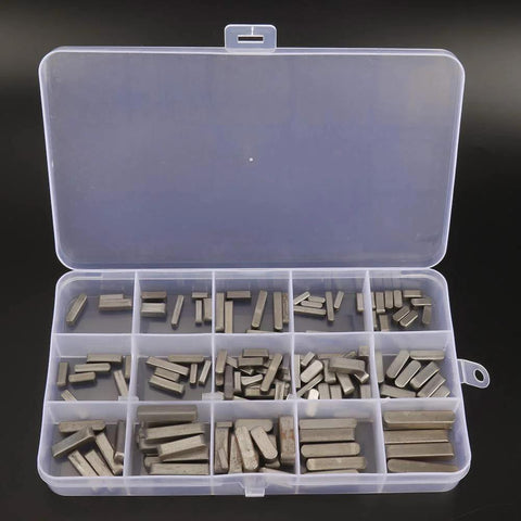 140 Piece Parallel Drive Shaft Key Set with Round Ended Keys, Stainless Steel Keystock, organized in plastic case