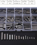 Keystock assortment box with 140 carbon steel rectangular keys in 8–30 mm sizes, top view