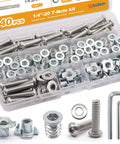 All-In-One 140-Piece 1/4-20 T-Nuts And Threaded Inserts Kit For Wood with stainless bolts, washers, and hex wrenches displayed