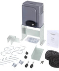 1400lb Sliding Gate Opener Hardware Security System Kit with electric motor, steel housing, accessories, and remote controls displayed