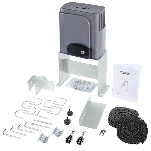 1400lb Sliding Gate Opener Hardware Security System Kit with electric motor, steel housing, accessories, and remote controls displayed
