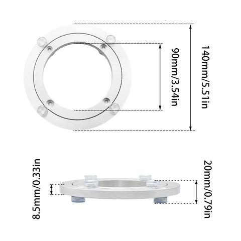 140mm Aluminum Alloy Lazy Susan Turntable Bearing Base with size measurements, showcasing 6 Inch Round Rotating Turntable Base.