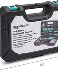 Side view of 142-Piece Home Repair Tool Kit With Storage Case For Everyday DIY Projects And Home Fixes in turquoise case.