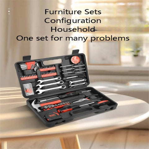 Open portable case showing All-In-One 146-Piece Home And Auto Tool Kit For Repairs, DIY Essentials, wrenches and screwdrivers visible