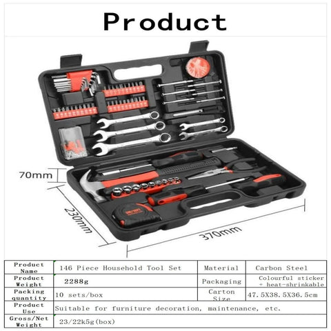 Open portable carry case displaying the All-In-One 146-Piece Home And Auto Tool Kit For Repairs, DIY Essentials, assorted tools inside.