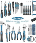 148-Piece Home Tool Kit With Case And Ratcheting Screwdriver, Pliers, Wrench, Hex Keys, Voltage Tester, Tape Measure, Water Pump Pliers, And More