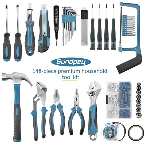 148-Piece Home Tool Kit With Case And Ratcheting Screwdriver, Pliers, Wrench, Hex Keys, Voltage Tester, Tape Measure, Water Pump Pliers, And More