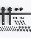 14 FT Heavy Duty Sliding Barn Door Hardware Track Kit with Straight Pulley, Steel Construction, components laid out on white background
