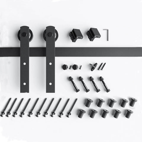 14 FT Heavy Duty Sliding Barn Door Hardware Track Kit with Straight Pulley, Steel Construction, components laid out on white background