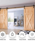 14 FT Double Door Sliding Barn Door Hardware Track Kit installed on double wooden doors in a modern living room.