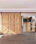 14 FT Heavy Duty Sliding Barn Door Hardware Track Kit with Straight Pulley installed on wooden door in modern room