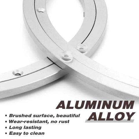 Close-up of 2 Pack 14 Inch Lazy Susan Hardware Heavy Duty Aluminum Alloy Turntable Bearing Rings showing brushed surface and durability features.