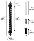 Dimensions and components of 14" Fence gate Spring self Closing and Adjustable for Wooden or Vinyl Fence, Carbon Steel, Black(gate spring-14)