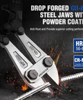 Close-up of W017004A 14 Inch Bolt Cutter With Bi-Material Handles Soft Rubber Grips Drop Forged Chrome Molybdenum Steel Jaws cutting metal
