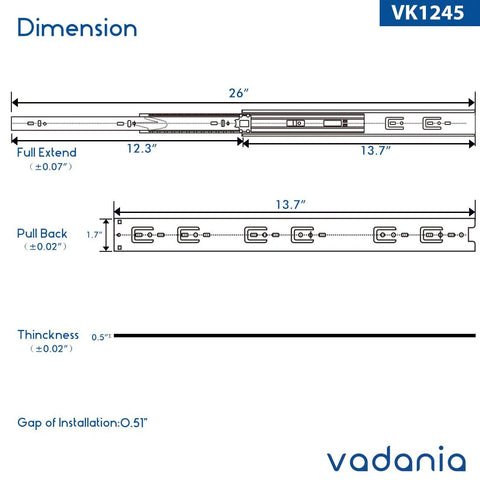 Technical diagram of 14 Inch Soft Close Drawer Slide With Full Extension For Dresser And Kitchen Cabinets, Heavy Duty 100 Pound Load Capacity