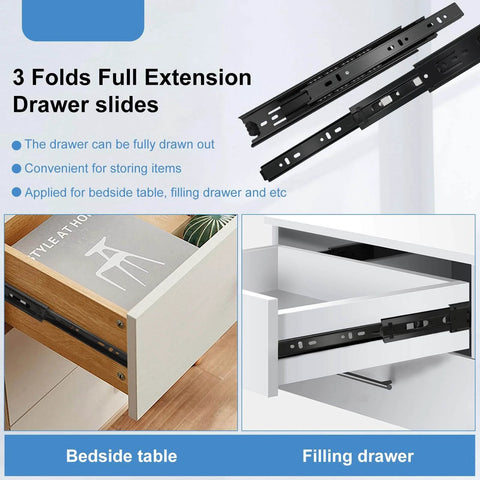 14 inch Drawer Slides 6 Pairs (12pcs) Full Extension Ball Bearing Drawer Rails shown in bedside and filing drawers demonstration