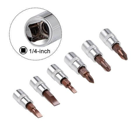 1/4" Drive Phillips Slotted Bit Socket Set, S2 Steel Bits, CR-V Sockets 6-Piece (PH1-PH3, FD4-FD7) on white background