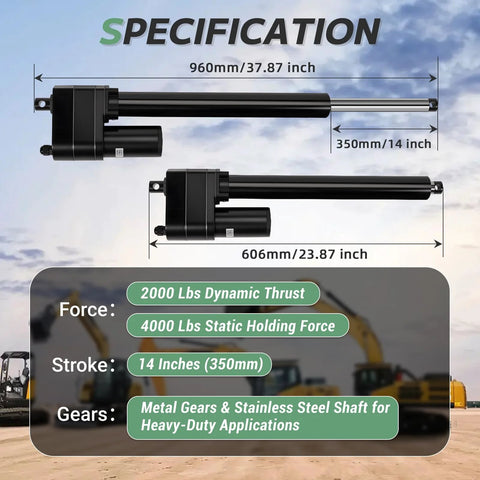 Specifications for Heavy Duty 14 Inch Stroke 12V Linear Actuator For PA17 Replacement With Feedback Potentiometer IP65 Protection