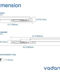 Technical drawing of 14" Undermount Drawer Slide, Soft Close, dimensions showing full extension and installation gap, Vadania branding
