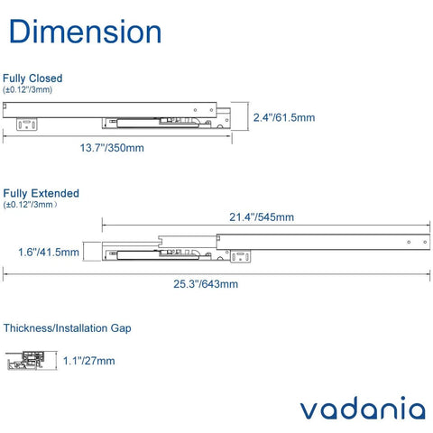 Technical drawing of 14" Undermount Drawer Slide, Soft Close, dimensions showing full extension and installation gap, Vadania branding