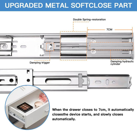 Close-up of 14 inch soft-close drawer slides showing ball bearing rails and damping mechanism for smooth operation.