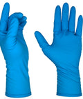 14 Mil Blue Latex Disposable Gloves Powder Free With Extended Cuff Textured Grip displayed front and back view