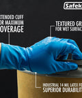 14 Mil Blue Latex Disposable Gloves Powder Free With Extended Cuff Textured Grip, hand gripping wet surface