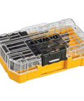14 Piece Drill Bit Set With 3 Flats Shank 135 Degree Split Point High Speed Steel for Plastic Wood and Metal in yellow DEWALT case.