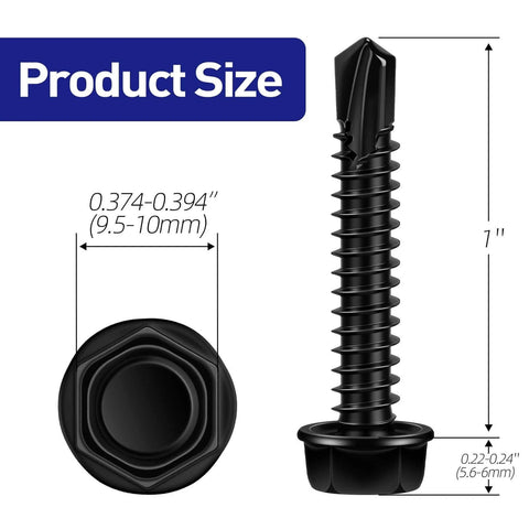 #14 x 1 Inch Hex Washer Head Self Tapping Screws Made from 410 Stainless Steel with Black Finish Self Drilling TEK Design size dimensions