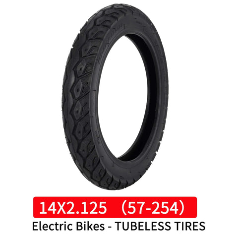 14X2.125 Tubeless Tire for electric bikes, shown upright with tread pattern, suitable for 14 inch electric folding bike, e-bikes, and e-scooters.