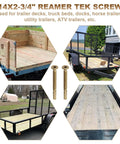 Size 14 By Two And Three Quarters Inch Reamer Tek Torx Self Drilling Screws For Metal To Wood With T30 Drive Heavy Duty Screws For Trailer Decks Flatbeds Truck Beds Docks And More 100 Pack displayed with trailer decks and flatbeds