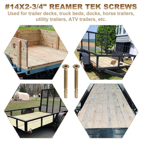 Size 14 By Two And Three Quarters Inch Reamer Tek Torx Self Drilling Screws For Metal To Wood With T30 Drive Heavy Duty Screws For Trailer Decks Flatbeds Truck Beds Docks And More 100 Pack displayed with trailer decks and flatbeds