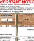 Diagram of #14 x 3-1/4 Reamer Tek Torx Self Drilling Screws for Wood to Metal and Aluminum, with installation guidelines.