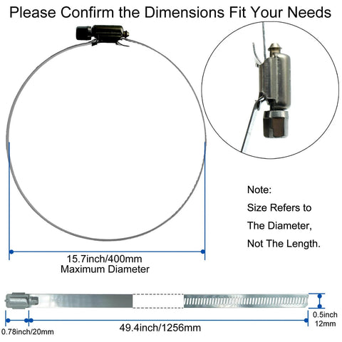 5 Pack 15.7 Inch Large Hose Clamps Stainless Steel Pipe Clamp Adjustable Worm Gear Hose Clamps diagram size details