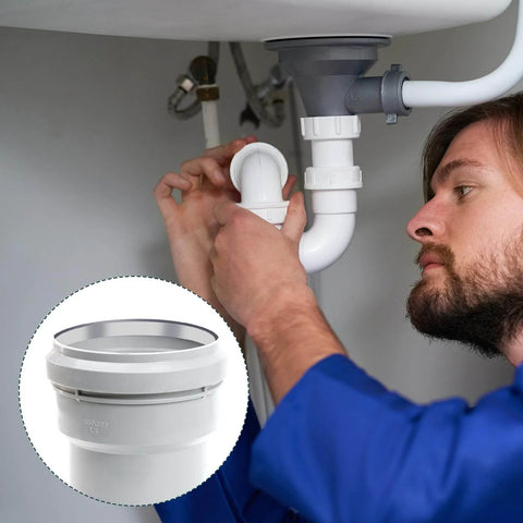 Man installing 20 Pack Rubber Cone Seal Rings For One And A Half Inch Waste Pipe And Slip Joint Washers under sink.