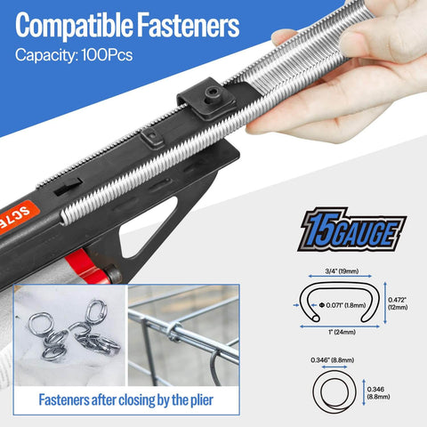 SC7E Pneumatic Hog Ring Gun With Extended Nose For Deep Access, 15 Gauge Three Quarters Inch Crown, 8.8mm Closure shown with capacity details