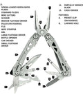 Suspension-NXT 15-In-1 EDC Multi Tool with Pocket Knife, Needle Nose Pliers, Wire Stripper, Scissors; stainless steel construction.