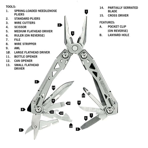 Suspension-NXT 15-In-1 EDC Multi Tool with Pocket Knife, Needle Nose Pliers, Wire Stripper, Scissors; stainless steel construction.