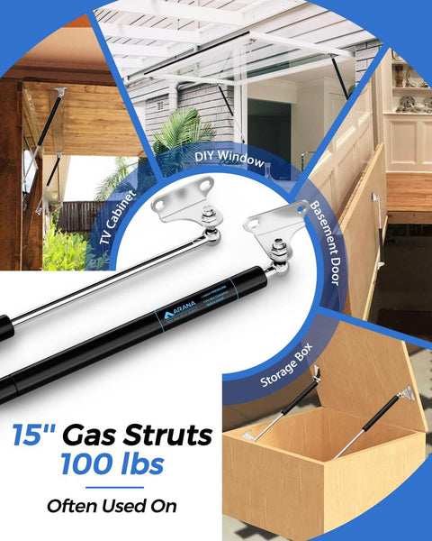 15 Inch 100 Lb Gas Struts With Brackets 2 Pack For RV Beds Hatches And Storage Lids Heavy Duty Hydraulic Lift Supports display