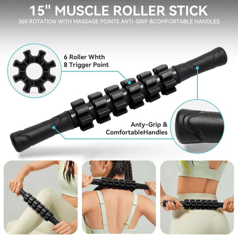 Close-up of a 15-inch muscle roller stick from the 5-In-1 Foam Roller Set For Deep Tissue Muscle Recovery showcasing anti-grip handles.
