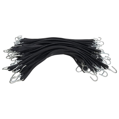 Heavy-duty rubber 15 inch tie down straps with non crimp S hooks for outdoor use, weatherproof, waterproof, 50 pack.