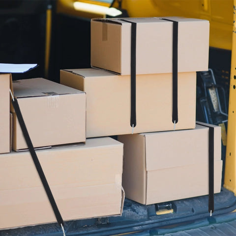 15 Inch Tie Down Straps With Non Crimp S Hooks securing boxes in a vehicle, ideal for tarp covers and cargo, 50 pack.