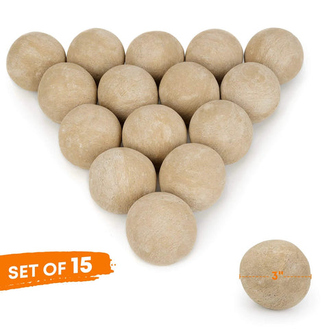 15-Pack Beige Ceramic Balls - 3” Round Fire Stones for Fire Pit Fire Bowl and Fireplace, displayed in triangular formation