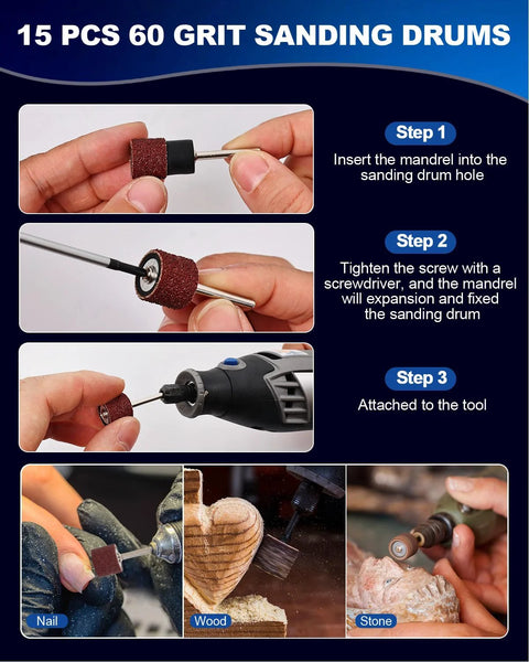Steps to attach grit drum to rotary tool from 1 Inch Wet And Dry Sanding Discs And Drums Kit For Rotary Tool 60 To 10000 Grit