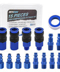 15 Piece Air Hose Fittings Kit With One Quarter Inch Universal Air Couplers And Industrial Air Plugs, Quick Connect Fittings With Storage Case includes FNPT and MNPT couplers, plugs, and thread seal tape