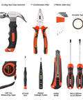 15-Piece Household Tool Kit with hammer, pliers, screwdrivers, measuring tape, Allen keys, and toolbox storage for DIYers.