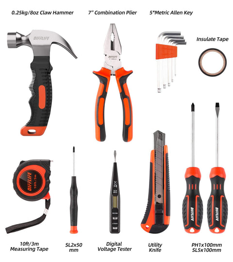 15-Piece Household Tool Kit with hammer, pliers, screwdrivers, measuring tape, Allen keys, and toolbox storage for DIYers.