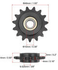Front and side view of a 15 Tooth Chain Idler Sprocket For Three Eighths Inch Pitch With 10mm Bore And Bearing, showing dimensions.