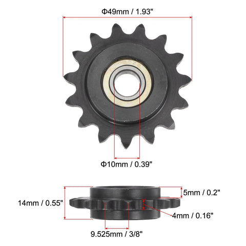 Front and side view of a 15 Tooth Chain Idler Sprocket For Three Eighths Inch Pitch With 10mm Bore And Bearing, showing dimensions.