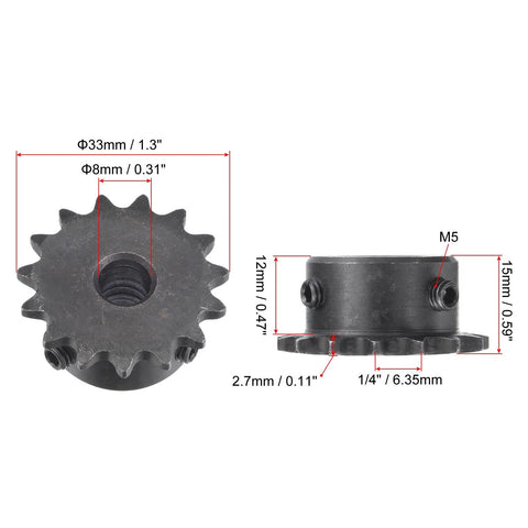 15 Tooth Roller Sprocket For One Quarter Inch Pitch Chain B Type Single Strand Black Oxide C45 Carbon Steel With Set Screws